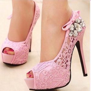 Pink Lace heels Peep Toe Rhinestone Platform Shoes